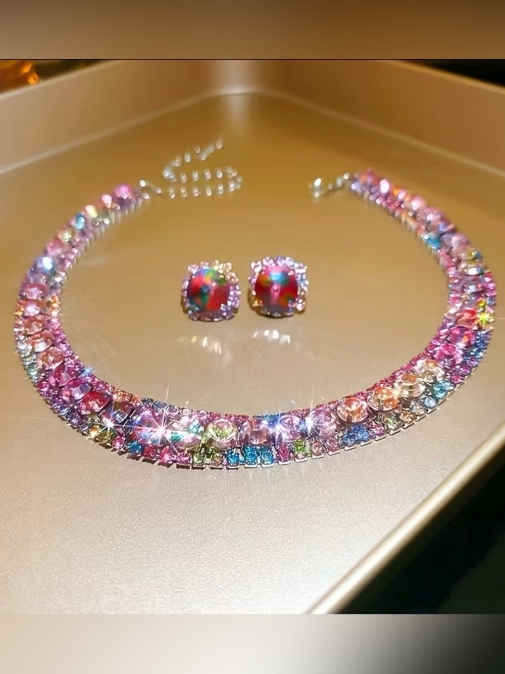 Pink Crystal Tennis Necklace and Stud Earrings Set - Picture 2 of 3